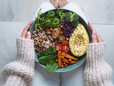 Healthy eating. Plate with vegan or vegetarian food. Healthy plant based diet. Healthy dinner. Buddha bowl with fresh vegetables. High quality photo