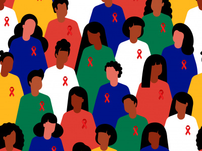 South Africa. World AIDS Day. AIDS Healthcare Foundation. People in the colors of the South African flag. People with red ribbon. Flag of South Africa. Dark-skinned people. African American men and women seamless background. Seamless pattern of  different people. Volunteering in Africa