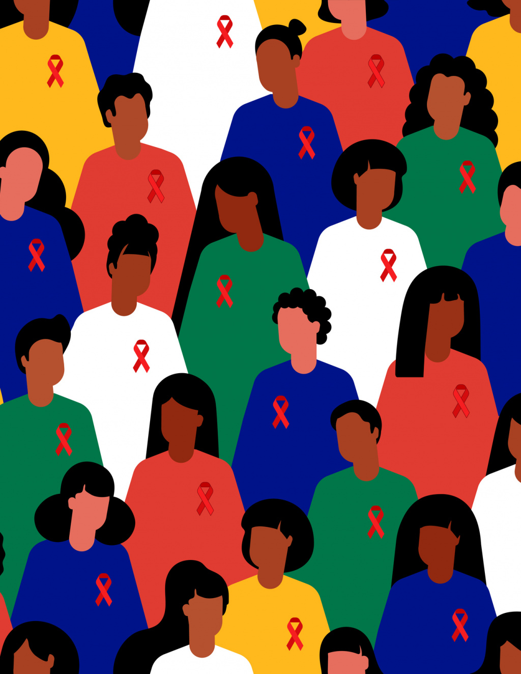 South Africa. World AIDS Day. AIDS Healthcare Foundation. People in the colors of the South African flag. People with red ribbon. Flag of South Africa. Dark-skinned people. African American men and women seamless background. Seamless pattern of  different people. Volunteering in Africa